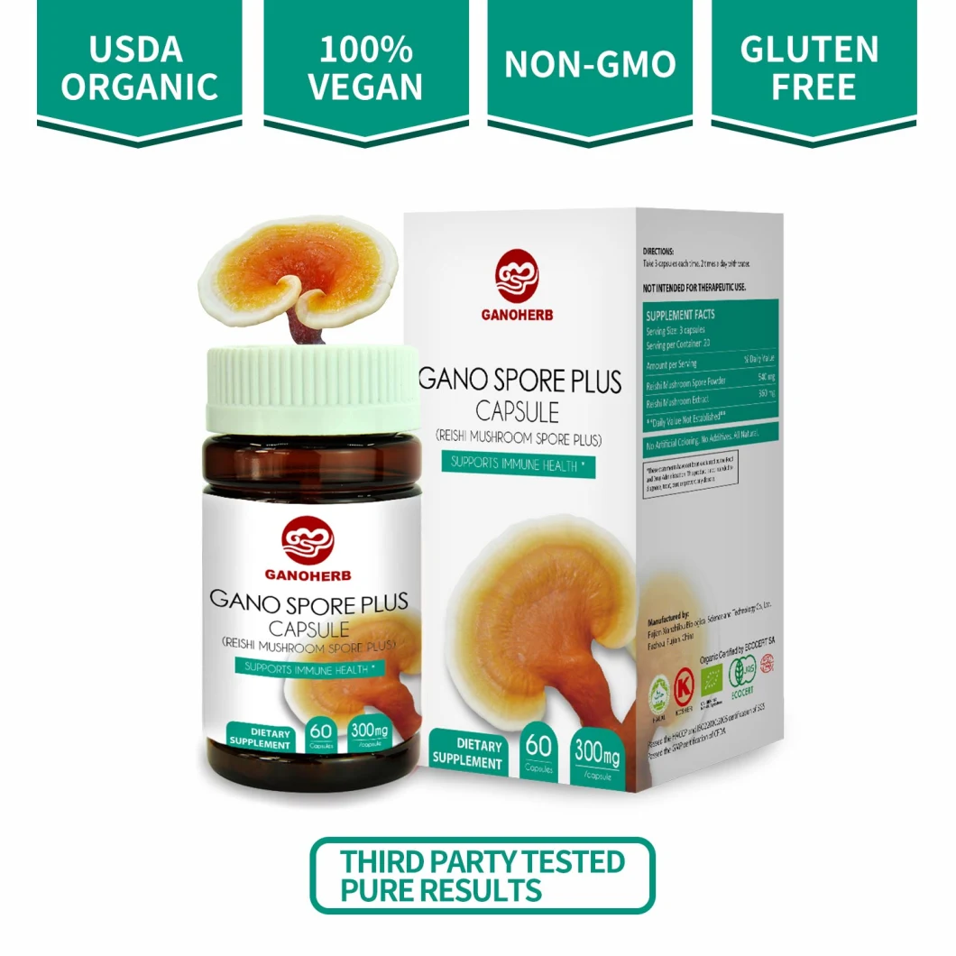 Ganoherb Organic Reishi Mushroom Spore Capsules with 100% Ganoderma Lucidum Spore Powder for Boost Immune System Vegan All Natural Non-GMO &amp; Gluten Free 60 Vegg
